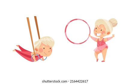 Kids gymnastic athletes practicing with sports equipment. Girls doing rhythmic gymnastics exercise with rings and hula hoop cartoon vector illustration