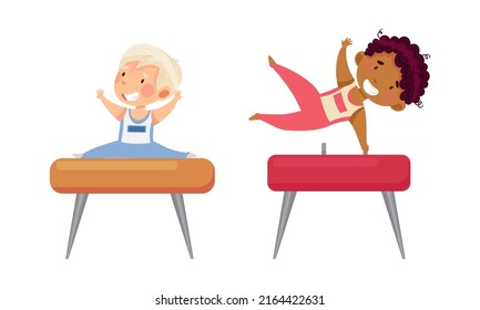 Kids gymnastic athletes practicing with sports equipment. Boys doing rhythmic and sports gymnastics exercise with pommel horse cartoon vector illustration