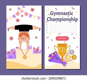 Kids gymnastic championship onboarding pages or web posters set with child gymnast, flat cartoon vector illustration. Children gymnastics competition invitation banners.