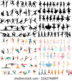 kids gymnasts and ballerinas set, collection in flat design isolated, vector