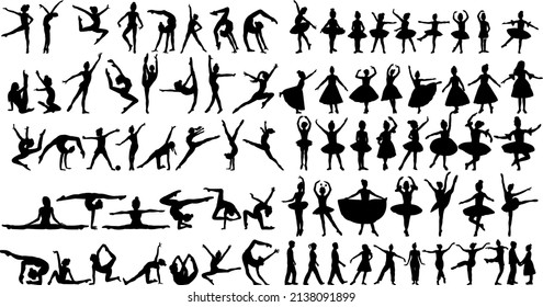 kids gymnasts, ballerinas, silhouette set isolated vector