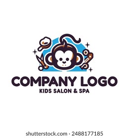 Logo de la compañía de peluquería y spa para niños; un lindo personaje de mono sonriente rodeado de una burbuja azul, chispas, tijeras, peine y otros equipos de corte de pelo de peluquero. Vector con logo de mascota aislado en blanco.