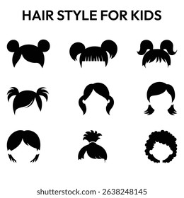 Kids hairstyle icon set with trendy cute cartoon haircuts silhouette vector illustration for boy girl child fashion design bundle collection.