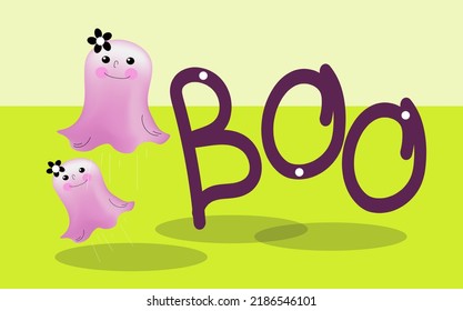  Kids Halloween banner. Pink kawaii cute funny happy ghost,
Baby boo.Isolated flat cartoon vector illustration. 