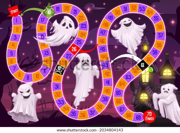 Kids Halloween board game with ghosts. Child playing\
activity, children roll and vector move boardgame with spooky old\
house and flying cartoon ghosts characters, Halloween treats candy\
and frog