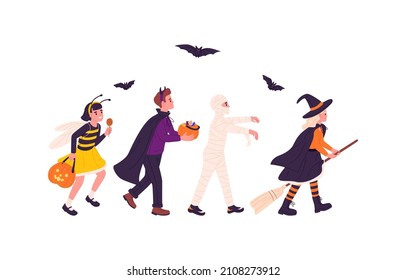 Kids in Halloween carnival costumes. Children disguised in witch, mummy and dracula for fall party. Boys and girls walking with pumpkin and broom. Flat vector illustration isolated on white background