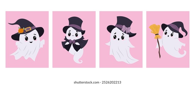 Personagem de Halloween para crianças. Conjunto de fantasmas bonitos isolados no fundo colorido. Fantasmas em diferentes fantasias de Halloween. Ilustração plana vetorial em estilo desenhado à mão.