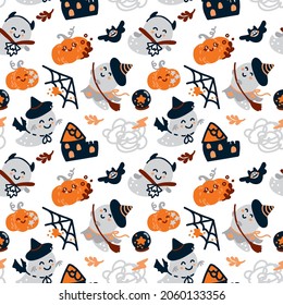 Kids halloween characters. Funny ghost, whitch, vampire. Halloween pattern for fabric, wrapping, textile, wallpaper, apparel. Vector.