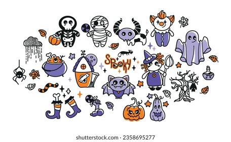 Kids halloween characters. Funny ghost, witch, spider, clown, skeleton, mummy. Halloween set. Vector.