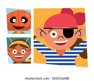 kids with halloween cloth in frames background