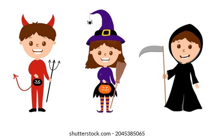 Kids in Halloween Costume. cartoon style on isolate background. Vector.