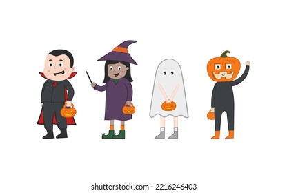 Kids Halloween costume cute character vector illustration. Cute kids dress Dracula, witch, ghost, pumpkin head for Halloween party .