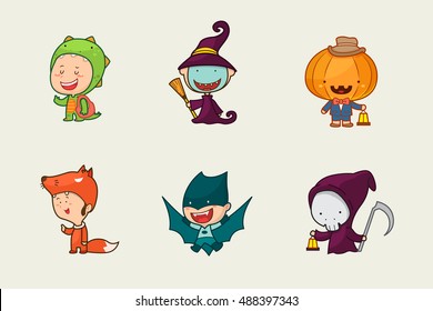 Kids in Halloween costume, Cute character design, Vector illustration.