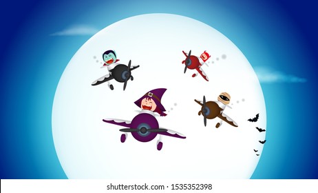 Kids in Halloween costume fly with propeller plane on full moon background illustration vector 
