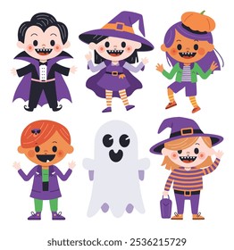 Kids In Halloween Costume Set, Funny Children Wearing Carnival Clothes Vector