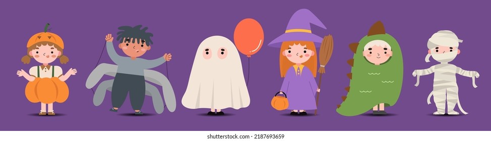 Kids halloween costume set.Vector illustration ,Purple background