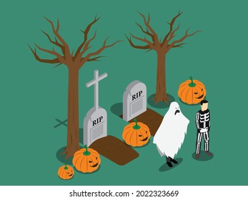 Kids with halloween costumes 3d isometric vector concept for banner, website, illustration, landing page, flyer, etc.