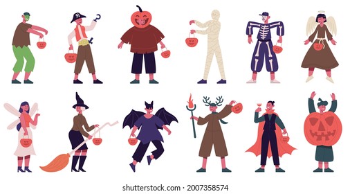 Kids in halloween costumes. Boys and girls wearing spooky outfits, vampire, angel and skeleton vector illustration set. Cute children celebrating halloween. Costume party character wearing to carnival