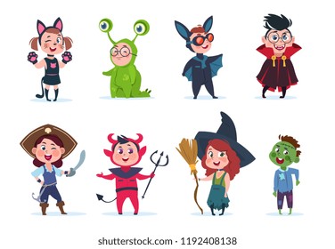 Kids halloween costumes. Cartoon cute baby at halloween party. Festival cartoon vector characters costume for child, witch and monster, pirate and dracula illustraion