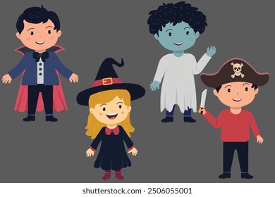 Kids in Halloween costumes clipart 