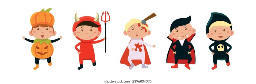 Kids in Halloween Costumes at Festive Party Vector Set