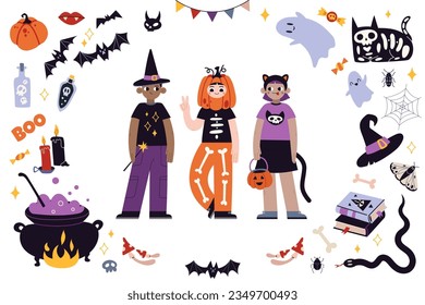 Kids in halloween costumes and a frame from the attributes of the holiday. Funny and cute carnival multiracial kids set, cartoon style. Trendy modern vector illustration, hand drawn, flat 