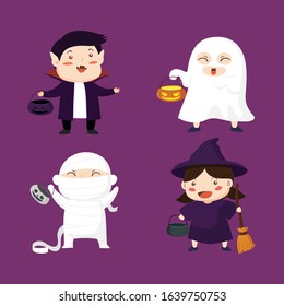Kids in halloween costumes. Funny and cute carnival kids set. Vector illustration.
