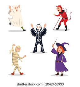 Kids in halloween costumes. Funny and cute carnival kids set. Vector illustration.