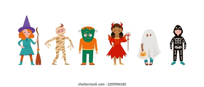 Kids in halloween costumes. Funny and cute carnival kids set. Vector illustration isolated on white background.