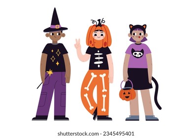 Kids in halloween costumes. Funny and cute carnival various nationalities kids set, cartoon style. Trendy modern vector illustration isolated on white background, hand drawn, flat design