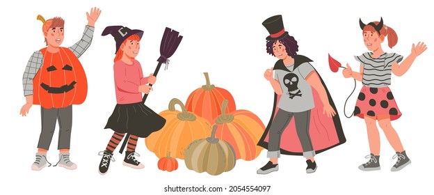 Kids in Halloween costumes with harvest of autumn pumpkins, flat vector illustration isolated on white background. Children dressed for Halloween party.