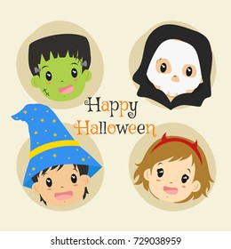 kids in Halloween costumes icon, grim reaper, devil, wizard, frankenstein. Halloween characters cartoon vector
