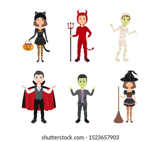 Kids in halloween costumes isolated on white background. Girls in witch and cat costumes. Boys in halloween costume of Frankenstein, Dracula, mummy, devil. Vector illustration in cartoon flat style.