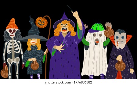 Kids in Halloween costumes isolated. Vector cartoon flat illustration