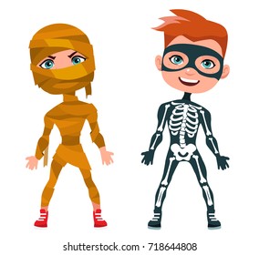 Kids in halloween costumes. Mummy. Skeleton