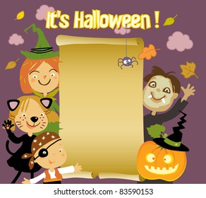Kids in Halloween costumes with paper scroll banner