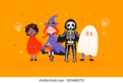 Kids in Halloween costumes party vector illustration. Group of Devil, Witch, Skeleton man and Spooky Ghost isolated on orange background