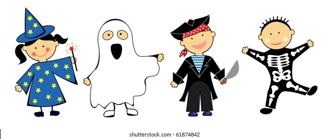 Kids in Halloween Costumes: pirate, reduction, sorcerer, skeleton