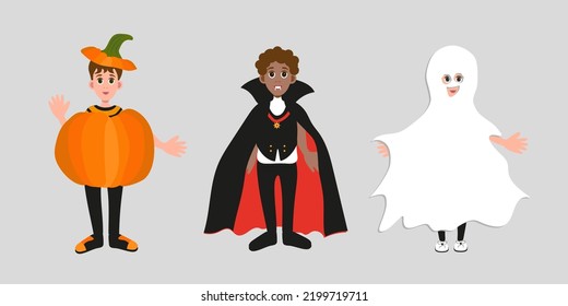 Kids in Halloween Costumes. Pumpkin, Vampire, Ghost Costumes. Funny and Cute Carnival Kids Set. Vector illustration.