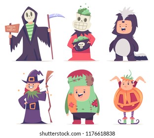 Kids Halloween costumes: pumpkin, zombie, skunk, witch, skeleton and grim reaper. Vector cartoon set of cute boy and girl characters isolated on white background.