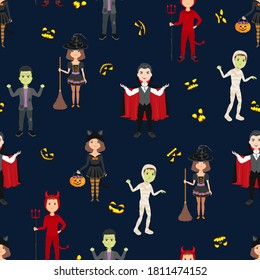 Kids in Halloween costumes, scary faces on dark background. Festive seamless pattern. Vector illustration of witch and cat, Dracula, mummy, devil. Cartoon flat style.