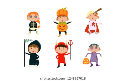Kids in Halloween costumes set, cute children at carnival clothes vector Illustration on a white background