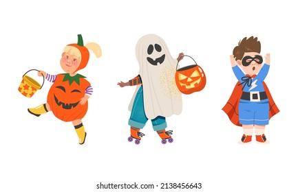 Kids in halloween costumes set. Cute children dressed as pumpkin, ghost and superhero cartoon vector illustration