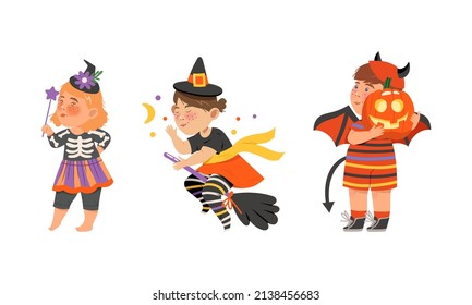 Kids in halloween costumes set. Cute children dressed as skeleton, witch and devil cartoon vector illustration