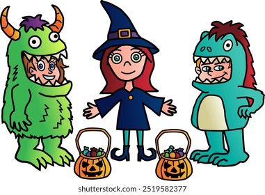 kids in halloween costumes trick or treating