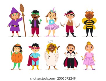 Kids in halloween costumes vector illustration. Funny and cute carnival children set. Colorfull costumes collection. For personal avatar, kids design, holiday banners