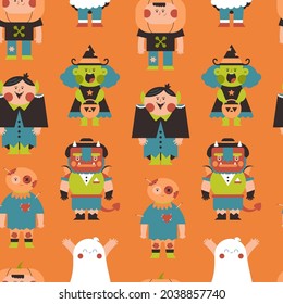 Kids in Halloween costumes vector seamless pattern background for wallpaper, wrapping, packing, and backdrop.