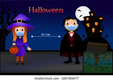 Kids with halloween costumes wearing face mask, keeping social distance 