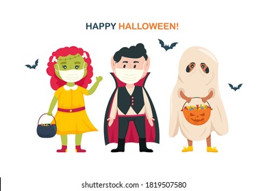 Kids in halloween costumes wearing surgical protective medical mask. New normal Halloween celebrate. COVID-19 coronavirus prevention. Vector cartoon illustration.