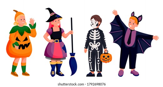 Kids in Halloween costumes of witch, bat, skeleton and pumpkin. Vector flat cartoon boys and girls characters illustration. Cute kids celebrate holidays, isolated on white background